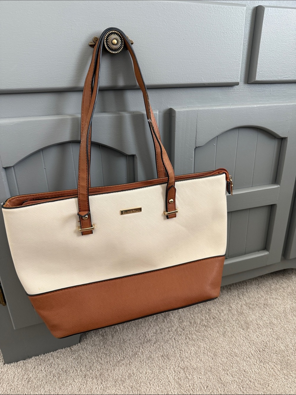 Two-Tone Cream and Brown Tote Bag